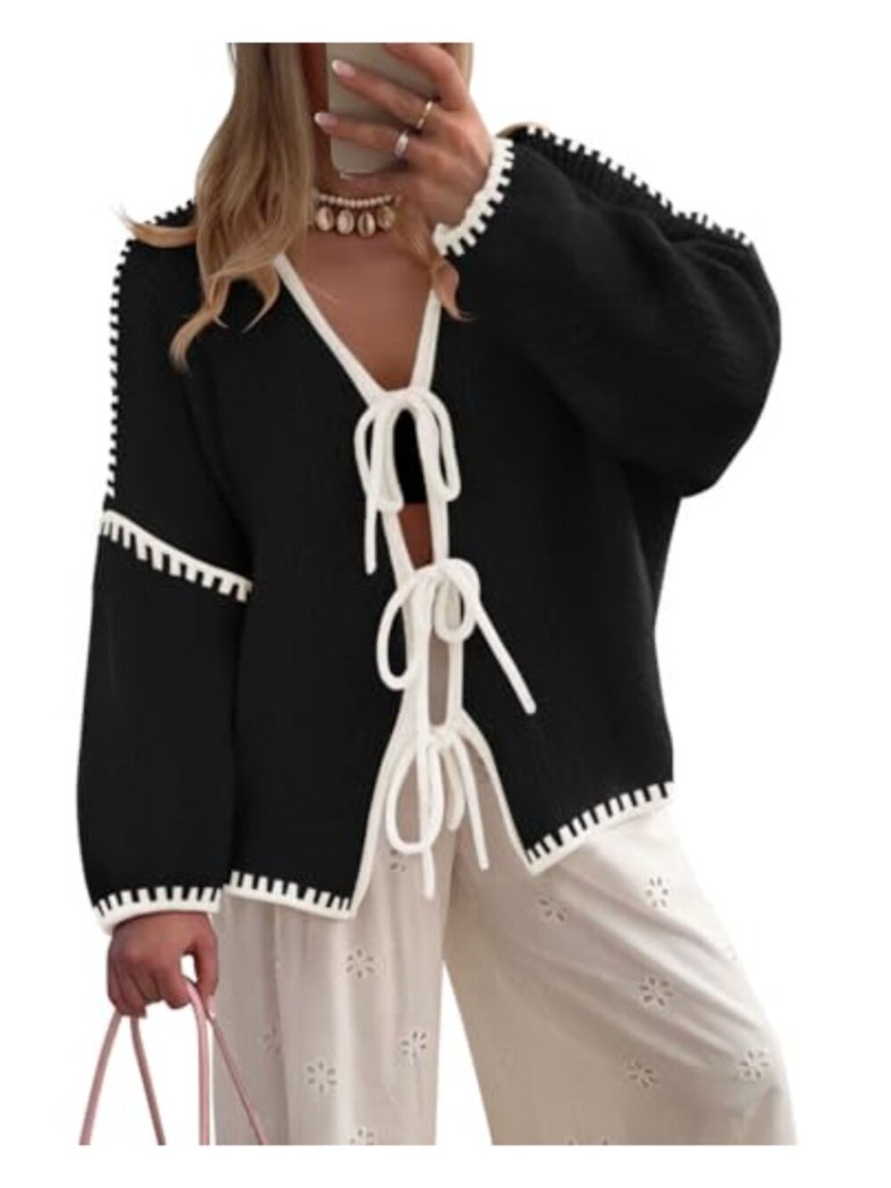 Tie Front Bow Cardigan Sweater Long Sleeve Knit Color Block